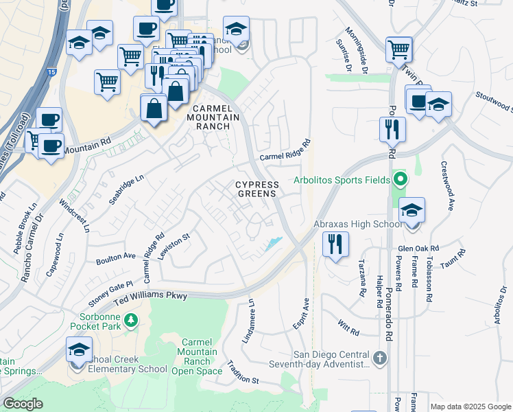 map of restaurants, bars, coffee shops, grocery stores, and more near 14106 Brent Wilsey Place in San Diego