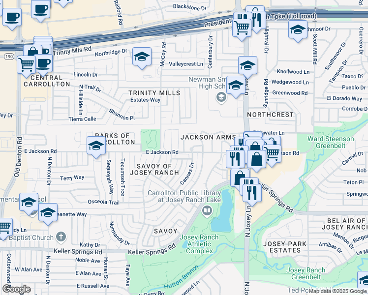 map of restaurants, bars, coffee shops, grocery stores, and more near 2204 Jackson Circle in Carrollton
