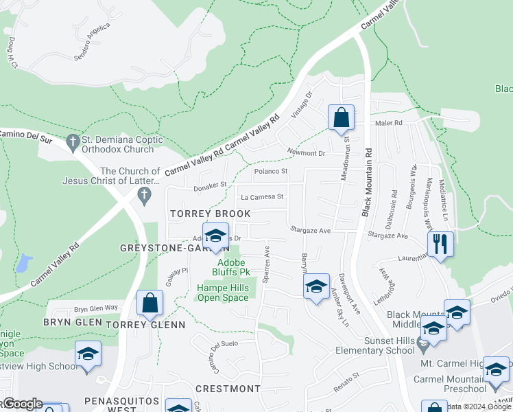 map of restaurants, bars, coffee shops, grocery stores, and more near 8886 La Cartera Street in San Diego
