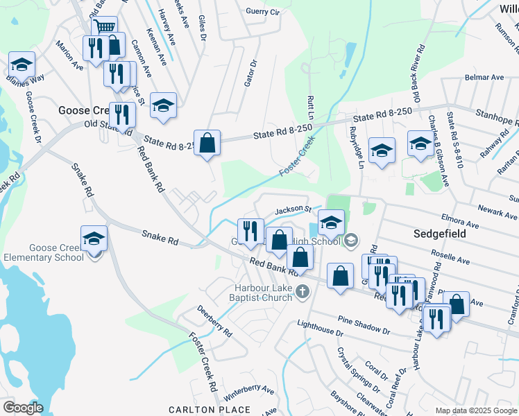 map of restaurants, bars, coffee shops, grocery stores, and more near 428 Truman Drive in Goose Creek