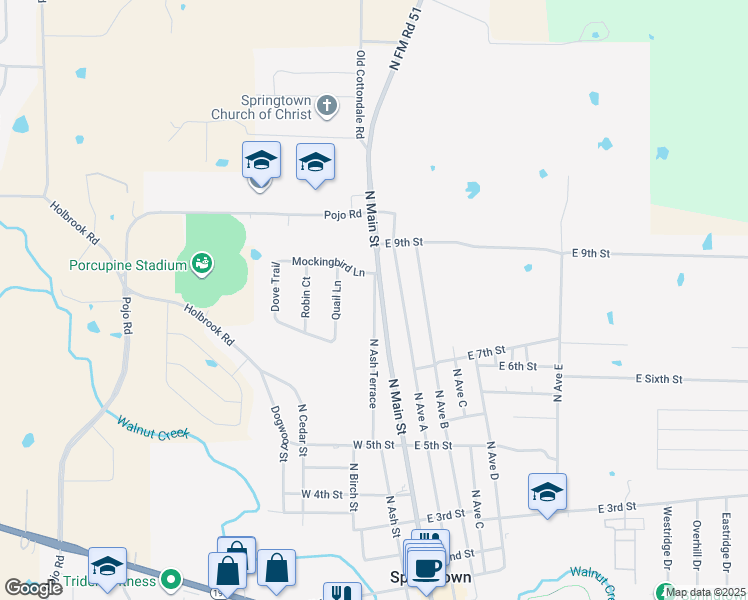 map of restaurants, bars, coffee shops, grocery stores, and more near 603 North Ash Terrace in Springtown