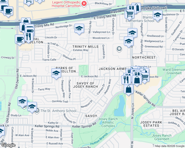 map of restaurants, bars, coffee shops, grocery stores, and more near 2203 Daniel Way in Carrollton