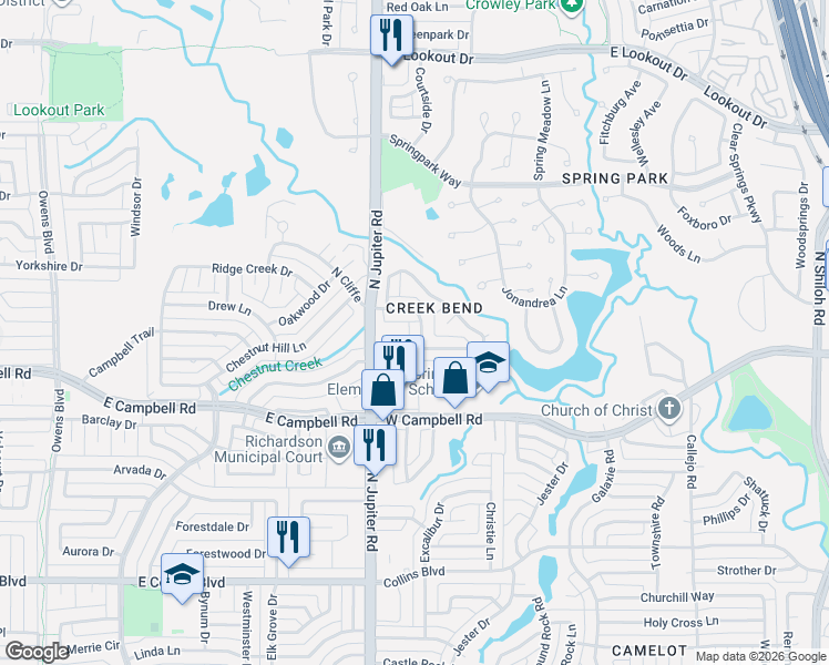 map of restaurants, bars, coffee shops, grocery stores, and more near 3418 Heather Hill Dr in Garland