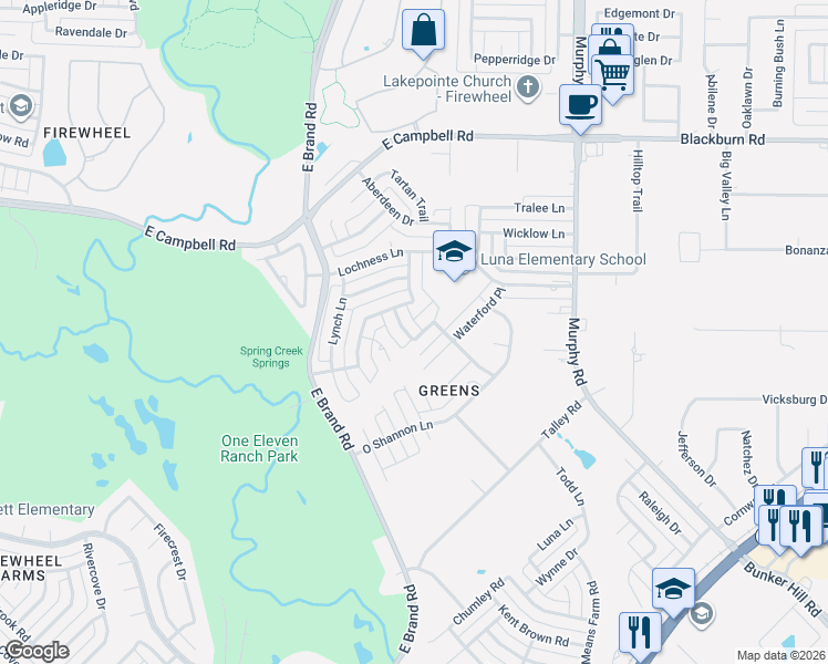 map of restaurants, bars, coffee shops, grocery stores, and more near 6502 Limerick Lane in Garland