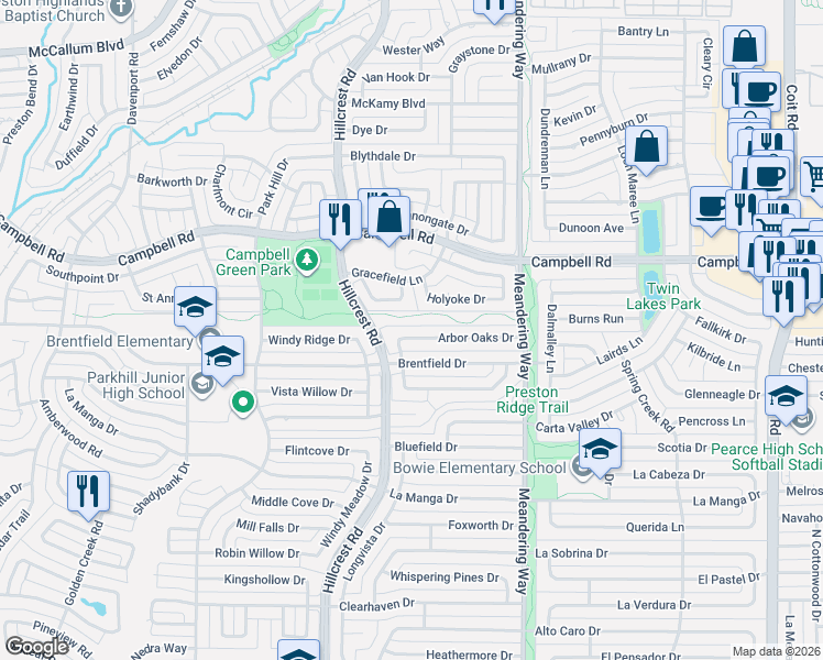 map of restaurants, bars, coffee shops, grocery stores, and more near 7217 Arbor Oaks Drive in Dallas