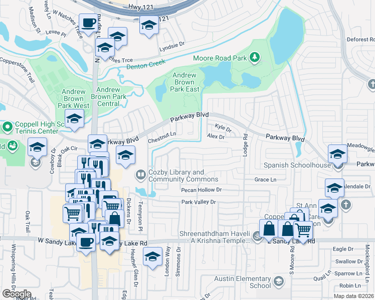 map of restaurants, bars, coffee shops, grocery stores, and more near 217 Beechwood Lane in Coppell