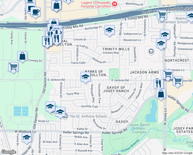 map of restaurants, bars, coffee shops, grocery stores, and more near 1316 Yellowstone Lane in Carrollton