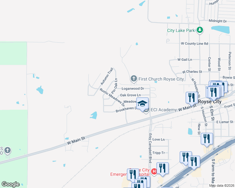 map of restaurants, bars, coffee shops, grocery stores, and more near 1004 Oak Grove Lane in Royse City