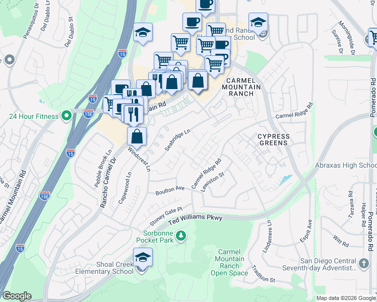 map of restaurants, bars, coffee shops, grocery stores, and more near 14224 Breezeway Pl in San Diego