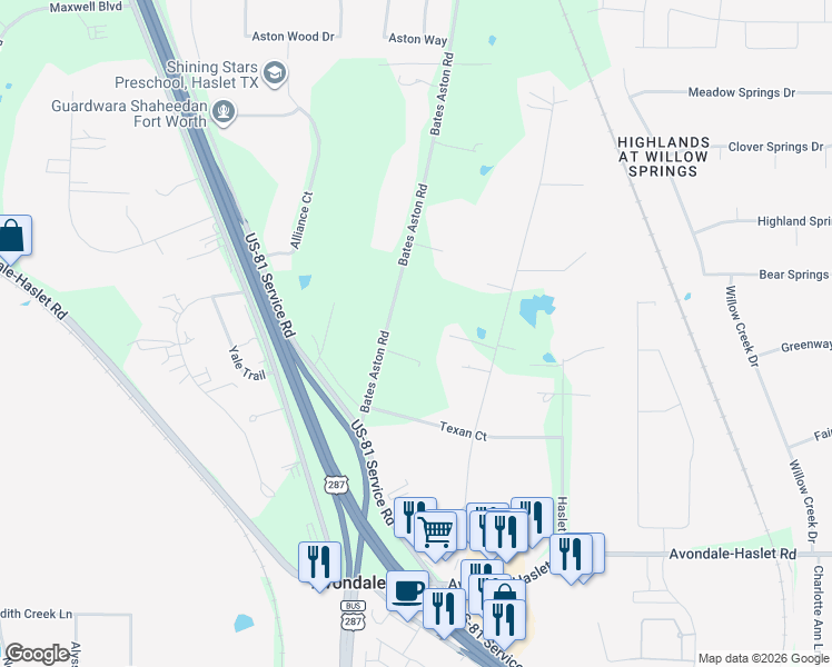 map of restaurants, bars, coffee shops, grocery stores, and more near 13624 Bates Aston Road in Haslet