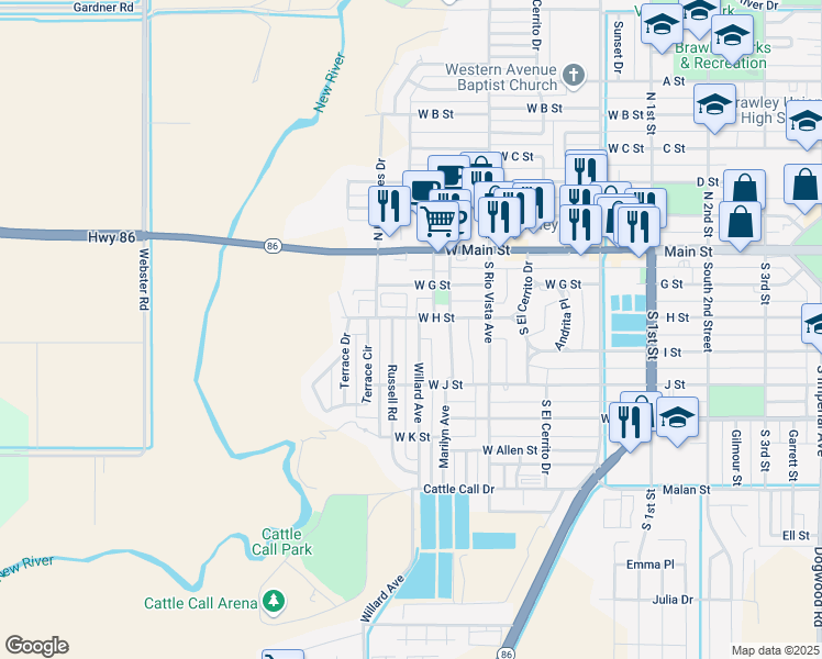 map of restaurants, bars, coffee shops, grocery stores, and more near 327 Willard Avenue in Brawley