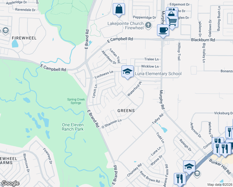 map of restaurants, bars, coffee shops, grocery stores, and more near 6502 Limerick Lane in Garland