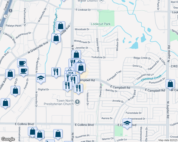 map of restaurants, bars, coffee shops, grocery stores, and more near 1411 East Campbell Road in Richardson