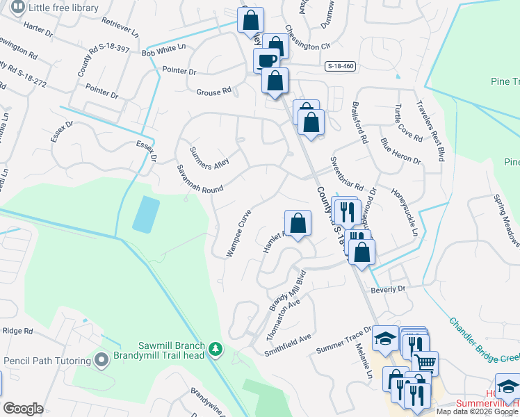 map of restaurants, bars, coffee shops, grocery stores, and more near 115 Wampee Curve in Summerville