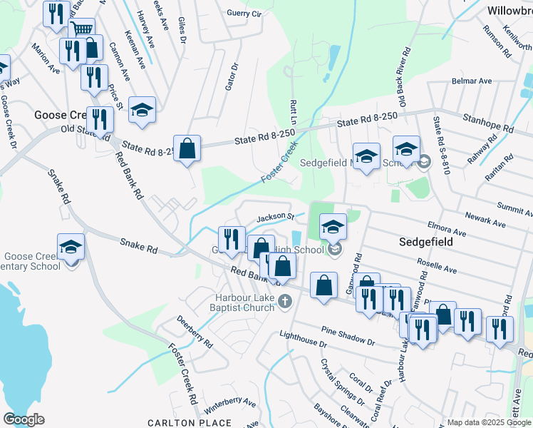 map of restaurants, bars, coffee shops, grocery stores, and more near 242 Jackson Street in Goose Creek