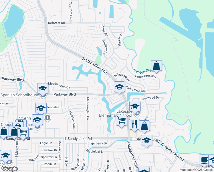 map of restaurants, bars, coffee shops, grocery stores, and more near 319 Cove Drive in Coppell