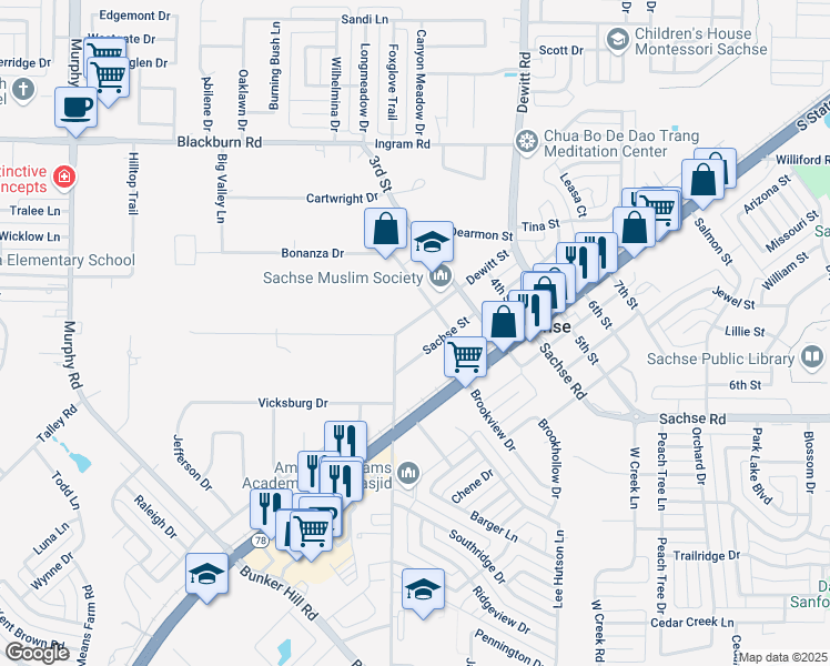 map of restaurants, bars, coffee shops, grocery stores, and more near 5916 Dewitt Street in Sachse