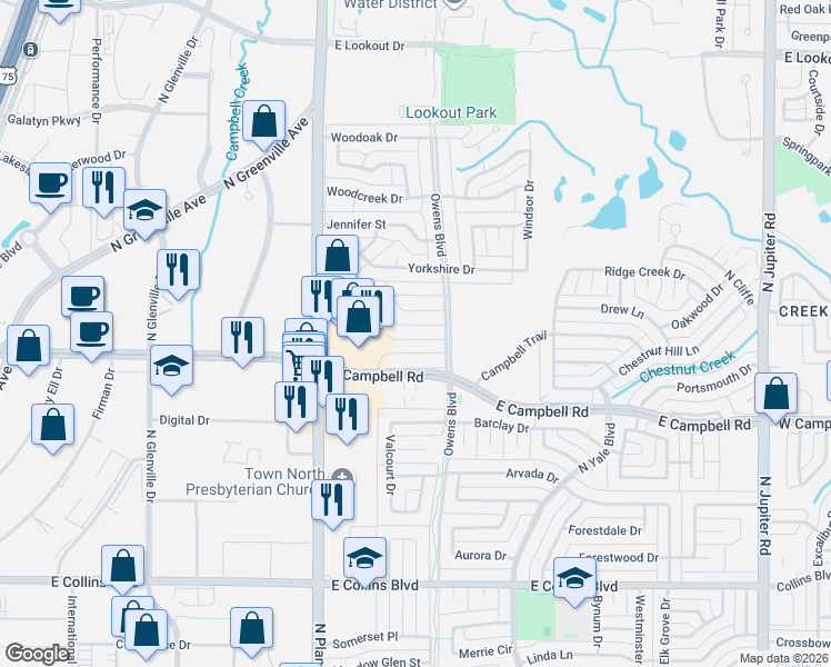 map of restaurants, bars, coffee shops, grocery stores, and more near 1509 Springtree Cir in Richardson
