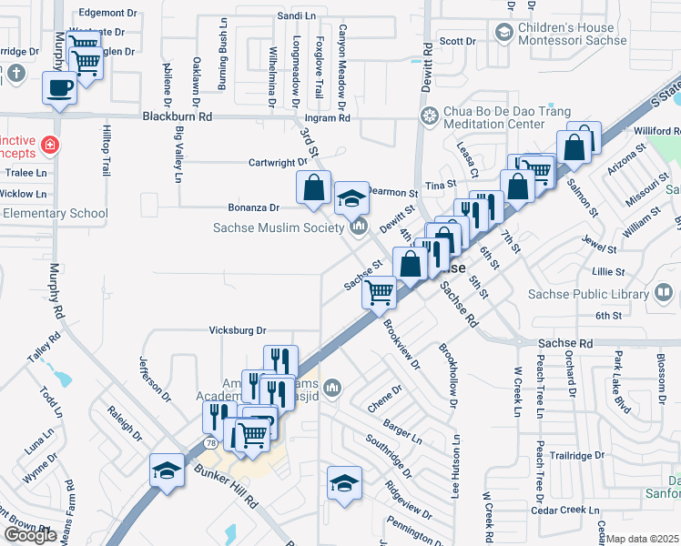 map of restaurants, bars, coffee shops, grocery stores, and more near 5916 Dewitt Street in Sachse
