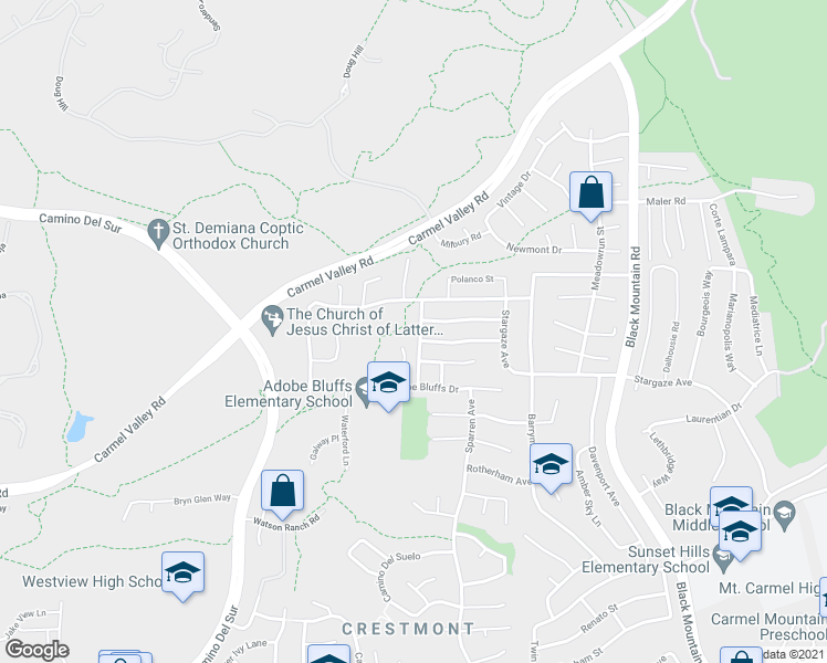 map of restaurants, bars, coffee shops, grocery stores, and more near 14320 La Trucha Street in San Diego