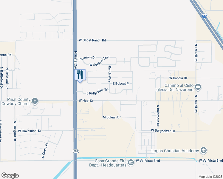 map of restaurants, bars, coffee shops, grocery stores, and more near 3836 Ranch Way in Casa Grande