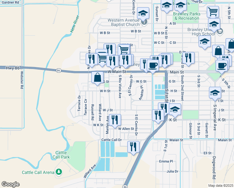 map of restaurants, bars, coffee shops, grocery stores, and more near 305 South Rio Vista Avenue in Brawley