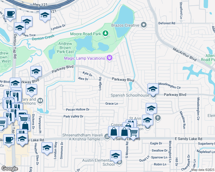 map of restaurants, bars, coffee shops, grocery stores, and more near 250 Willingham Drive in Coppell