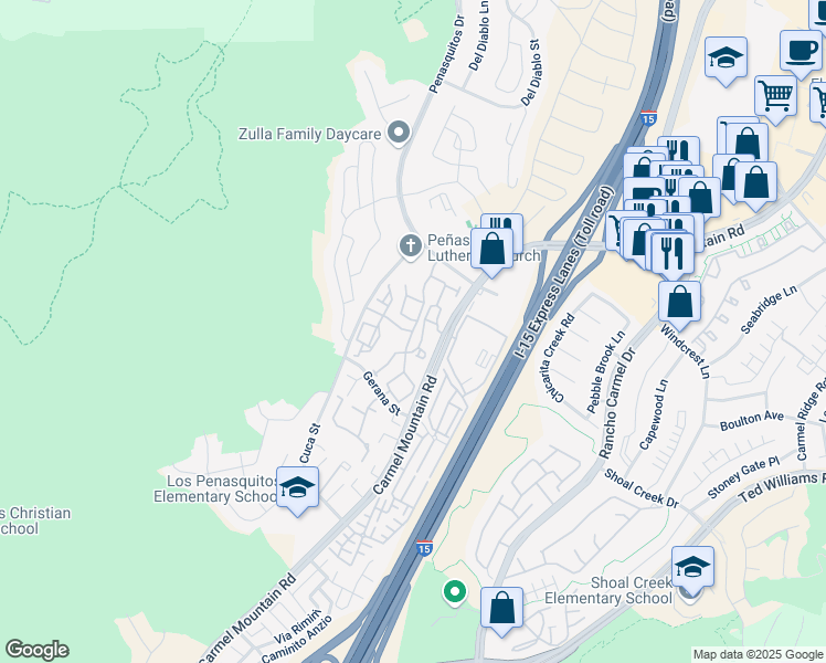 map of restaurants, bars, coffee shops, grocery stores, and more near Via Venezia in San Diego