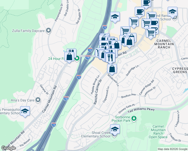 map of restaurants, bars, coffee shops, grocery stores, and more near 11289 Pinestone Court in San Diego