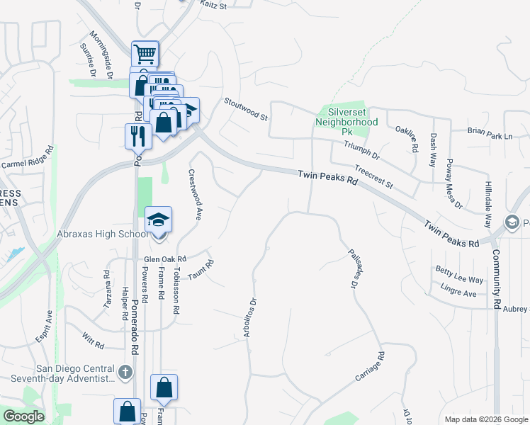 map of restaurants, bars, coffee shops, grocery stores, and more near 14258 Arbolitos Drive in Poway