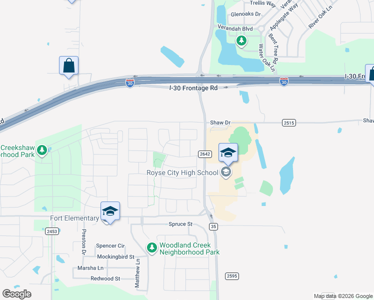map of restaurants, bars, coffee shops, grocery stores, and more near 149 Red Hickory Drive in Royse City