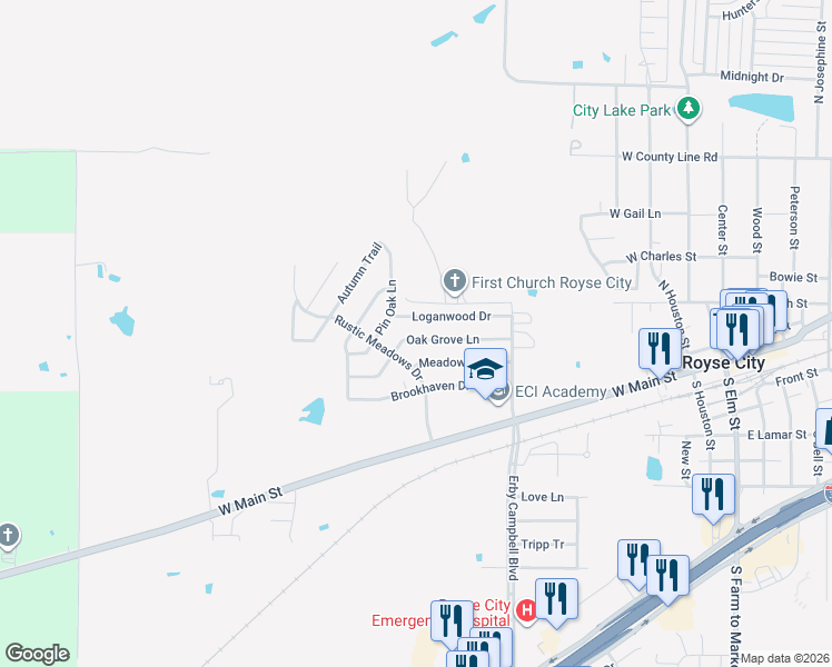 map of restaurants, bars, coffee shops, grocery stores, and more near 1004 Oak Grove Lane in Royse City