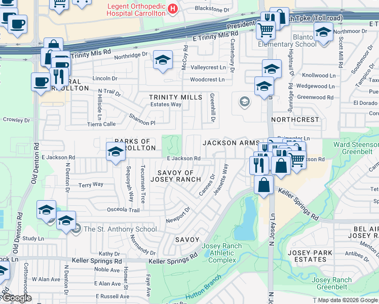 map of restaurants, bars, coffee shops, grocery stores, and more near 2203 Daniel Way in Carrollton