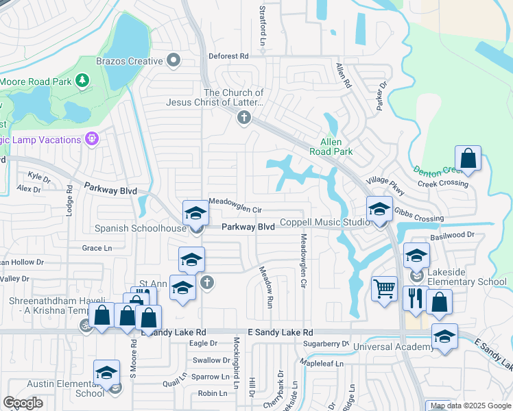 map of restaurants, bars, coffee shops, grocery stores, and more near 742 Meadowglen Circle in Coppell