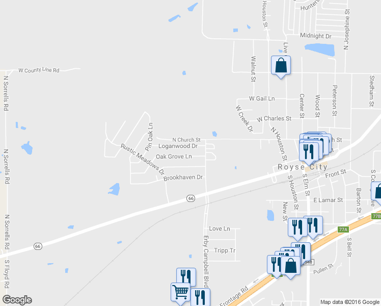 map of restaurants, bars, coffee shops, grocery stores, and more near 720 Oak Grove Lane in Royse City