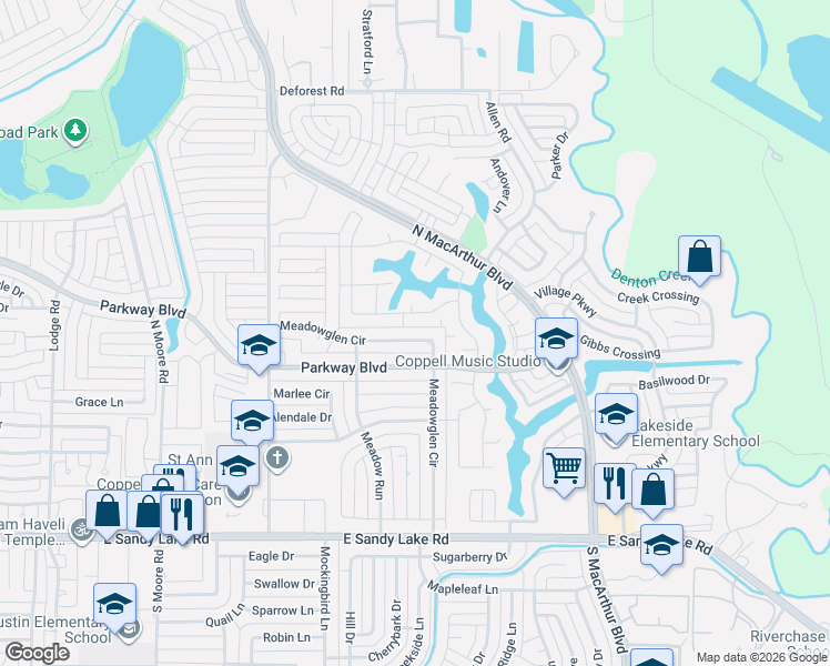 map of restaurants, bars, coffee shops, grocery stores, and more near 846 Meadowglen Circle in Coppell