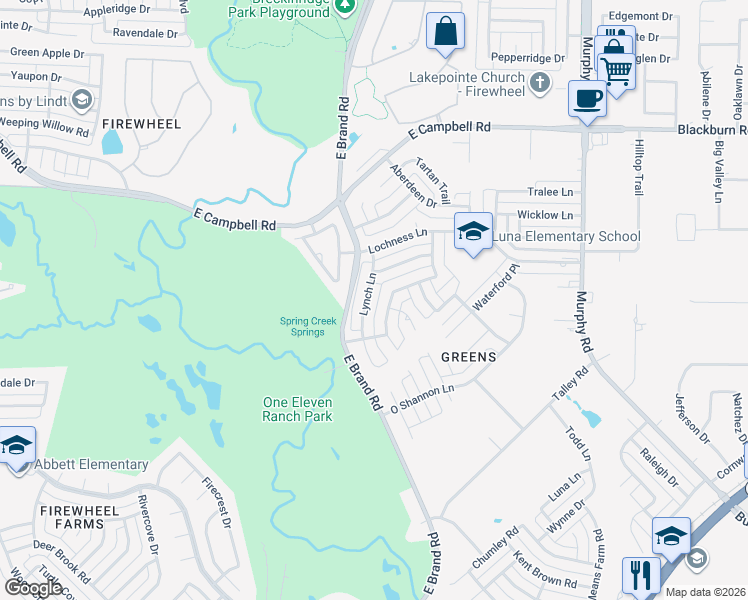 map of restaurants, bars, coffee shops, grocery stores, and more near 6702 Lynch Lane in Garland
