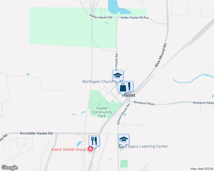 map of restaurants, bars, coffee shops, grocery stores, and more near 304 Gammill Street in Haslet