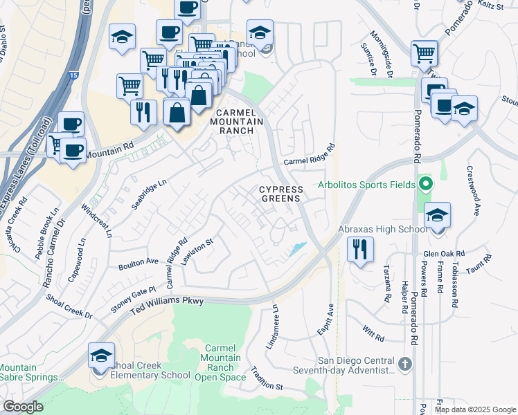 map of restaurants, bars, coffee shops, grocery stores, and more near 11963 Tivoli Park Row in San Diego