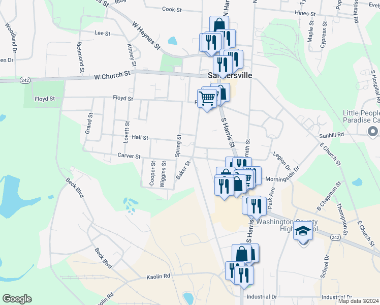 map of restaurants, bars, coffee shops, grocery stores, and more near 202 Newman Turner Street in Sandersville