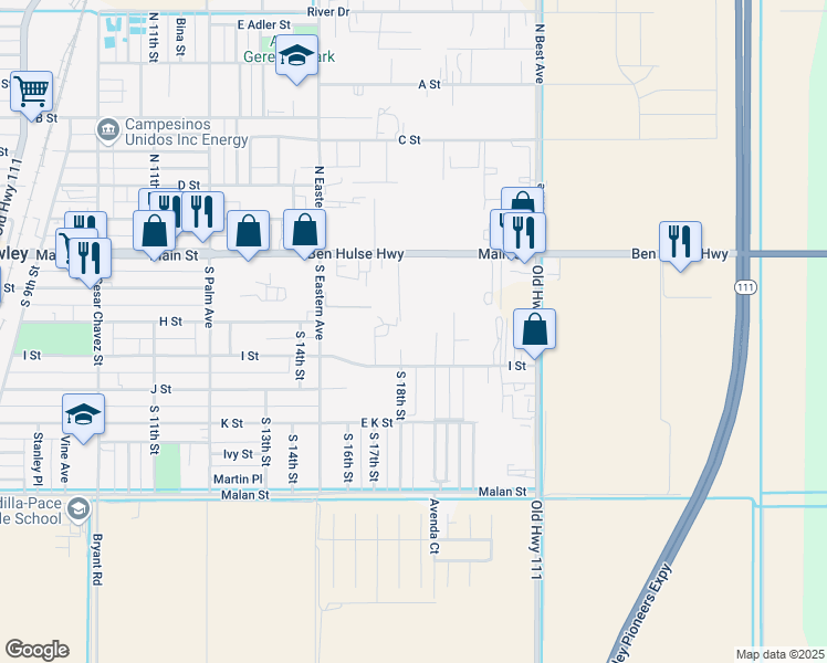 map of restaurants, bars, coffee shops, grocery stores, and more near 1627 I Street in Brawley