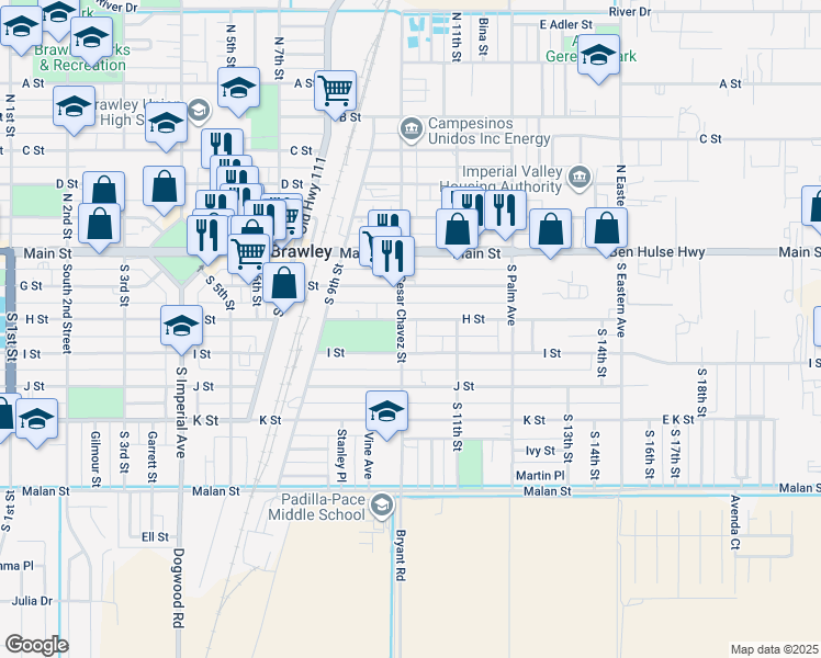 map of restaurants, bars, coffee shops, grocery stores, and more near 1038 H St in Brawley