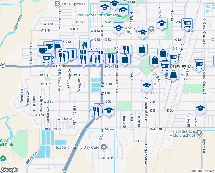map of restaurants, bars, coffee shops, grocery stores, and more near 148 H St in Brawley