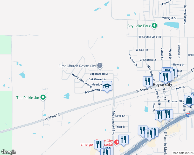 map of restaurants, bars, coffee shops, grocery stores, and more near 900 Oak Grove Lane in Royse City