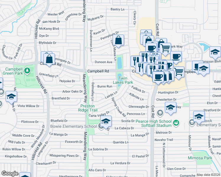 map of restaurants, bars, coffee shops, grocery stores, and more near 7614 Burns Run in Dallas