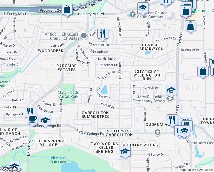 map of restaurants, bars, coffee shops, grocery stores, and more near 2432 Greenwich Drive in Carrollton
