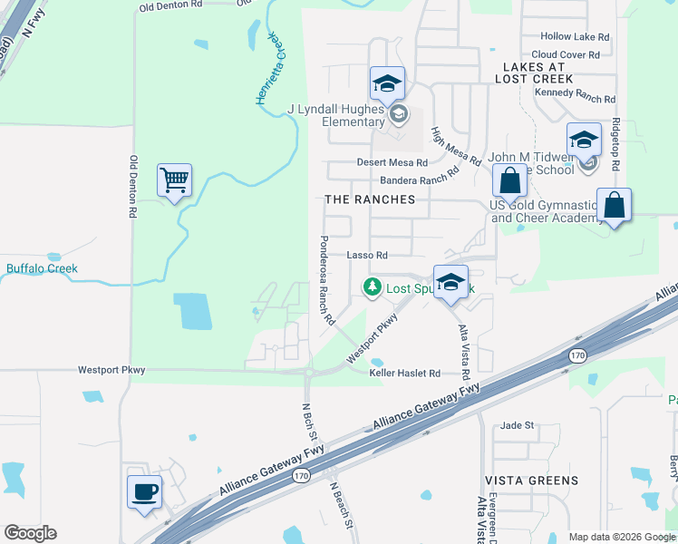 map of restaurants, bars, coffee shops, grocery stores, and more near 3400 Westfork Ranch Road in Roanoke