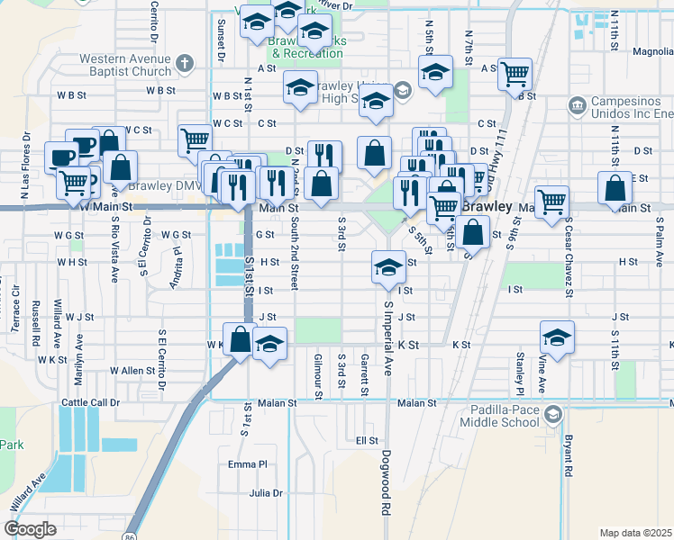 map of restaurants, bars, coffee shops, grocery stores, and more near 292 H Street in Brawley