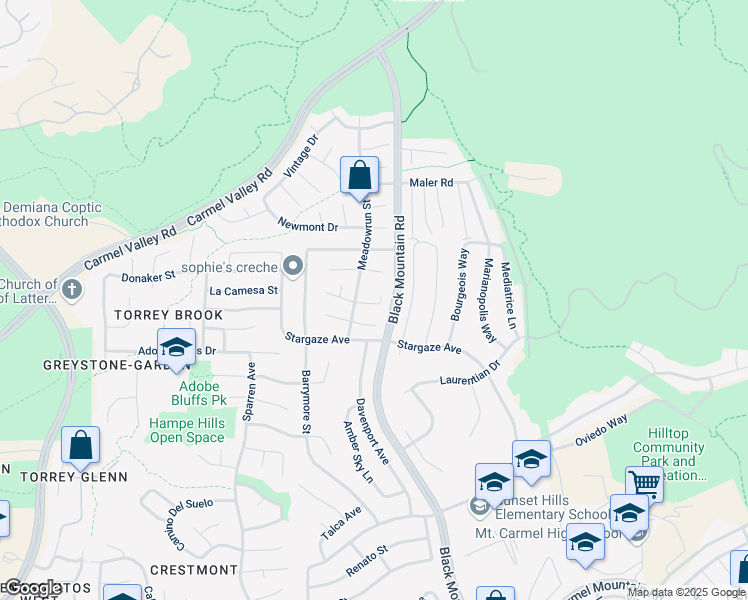 map of restaurants, bars, coffee shops, grocery stores, and more near 9150 Meadowrun Way in San Diego