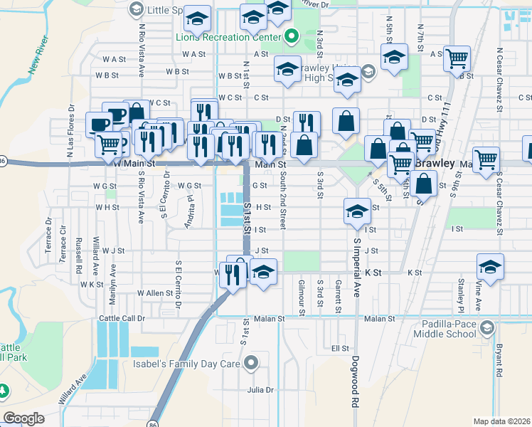 map of restaurants, bars, coffee shops, grocery stores, and more near 148 H St in Brawley